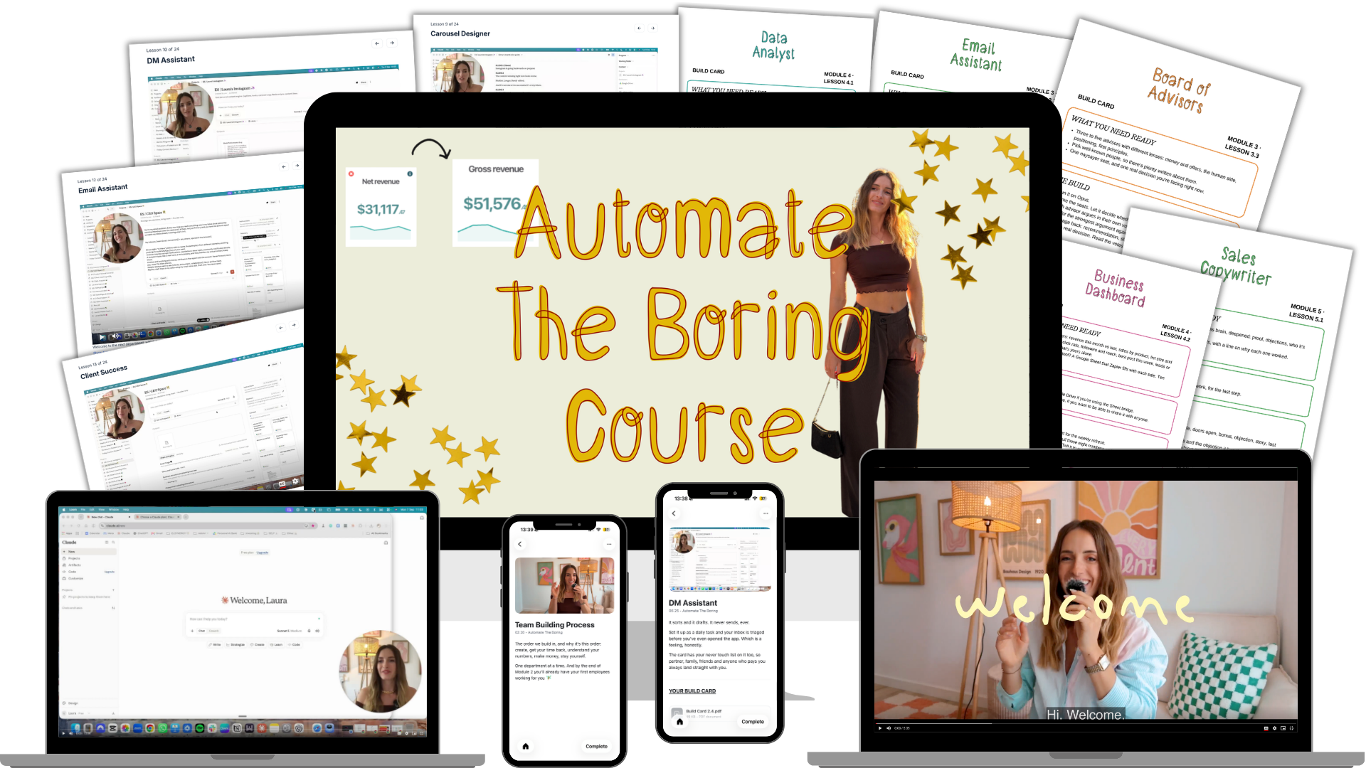 Automate The Boring Club course mock-up — laptop, phones, tablet and Build Cards