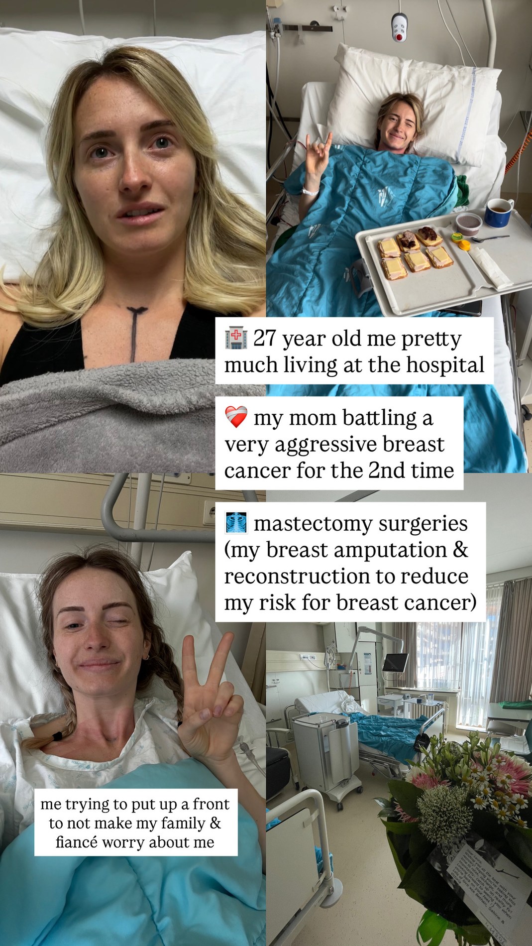 Laura in hospital during her mother's cancer treatment and her own surgeries