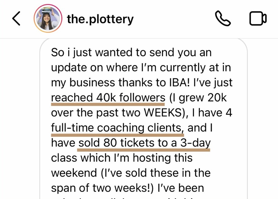 Student reached 40k followers, 4 coaching clients, 80 tickets sold